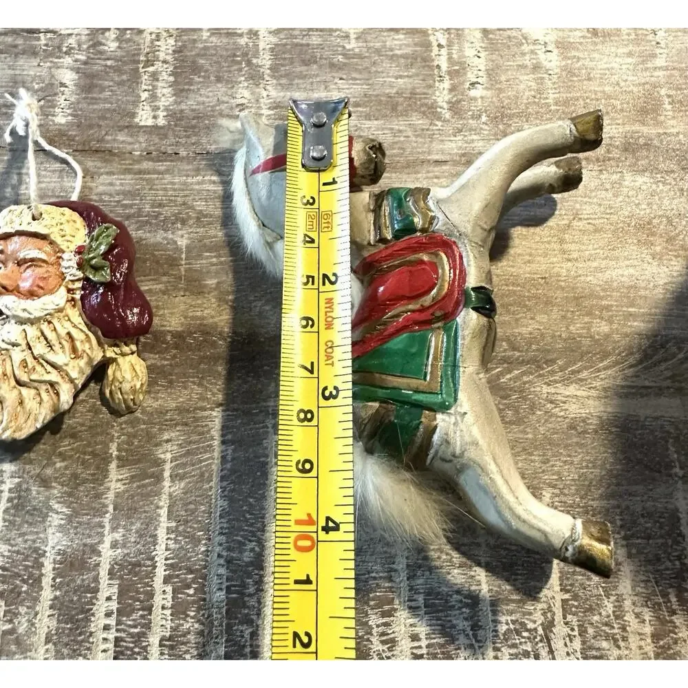 Vintage Santa Face Ornament & Hand Painted Wooden Horse